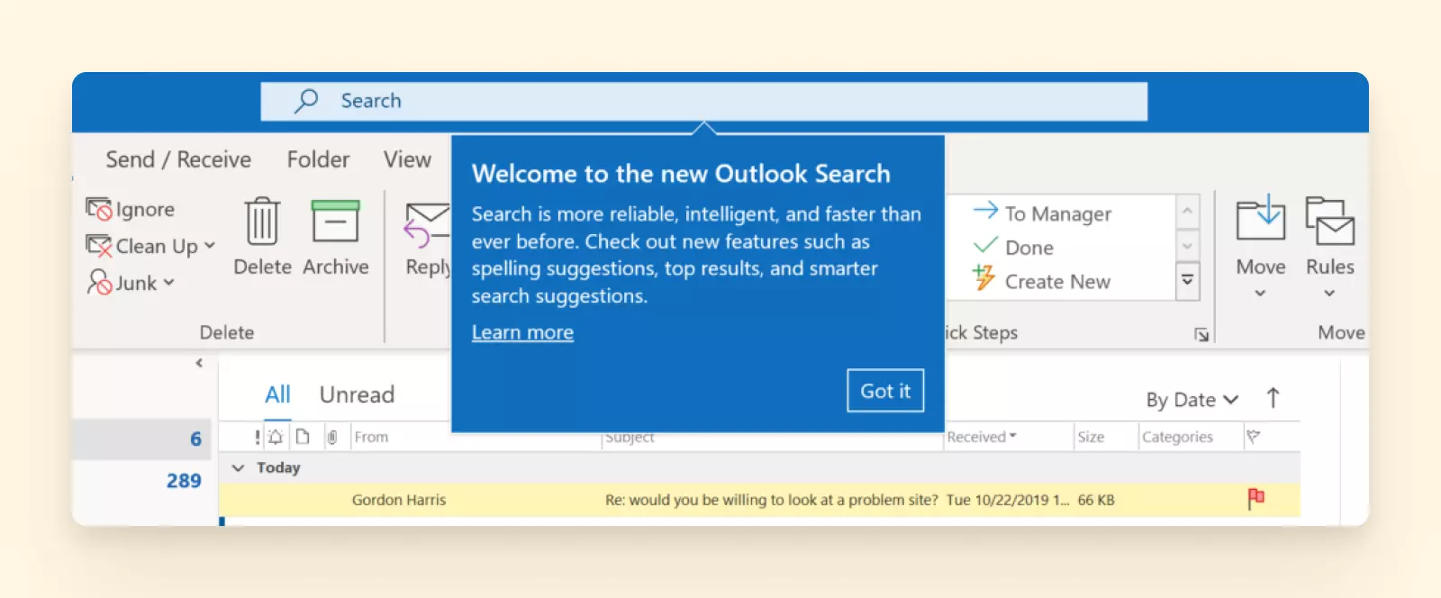 New Outlook desktop search bar