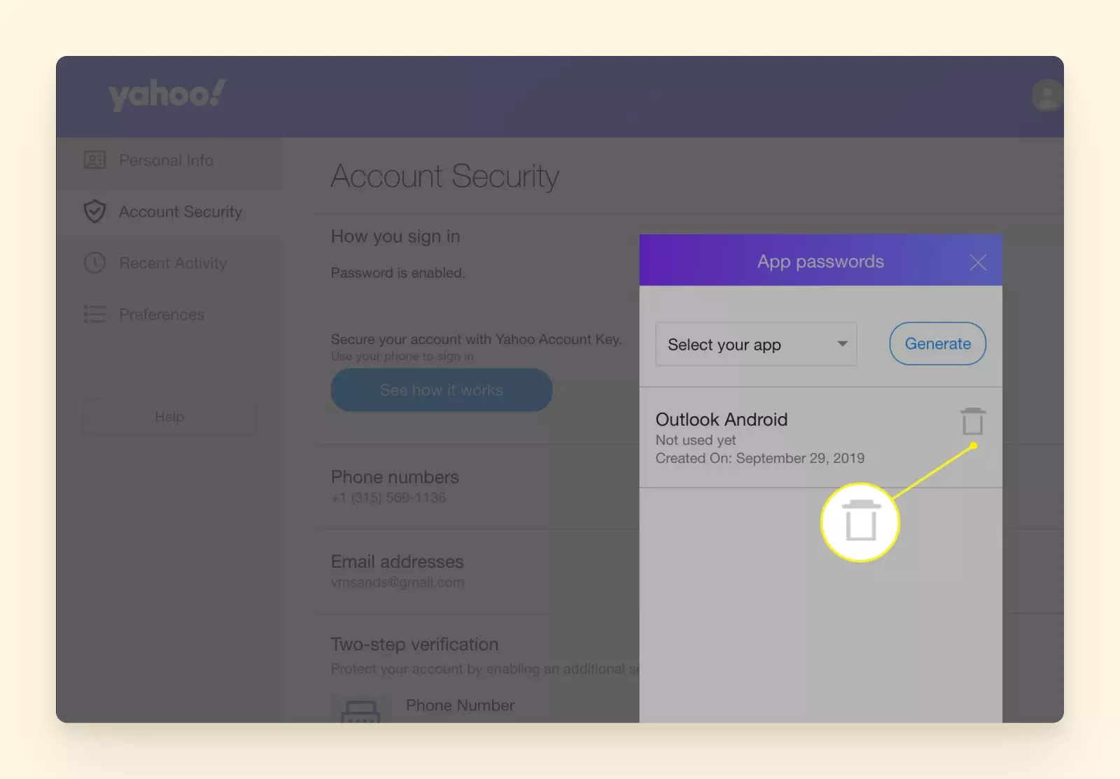 Button for removing Yahoo Mail generated app password