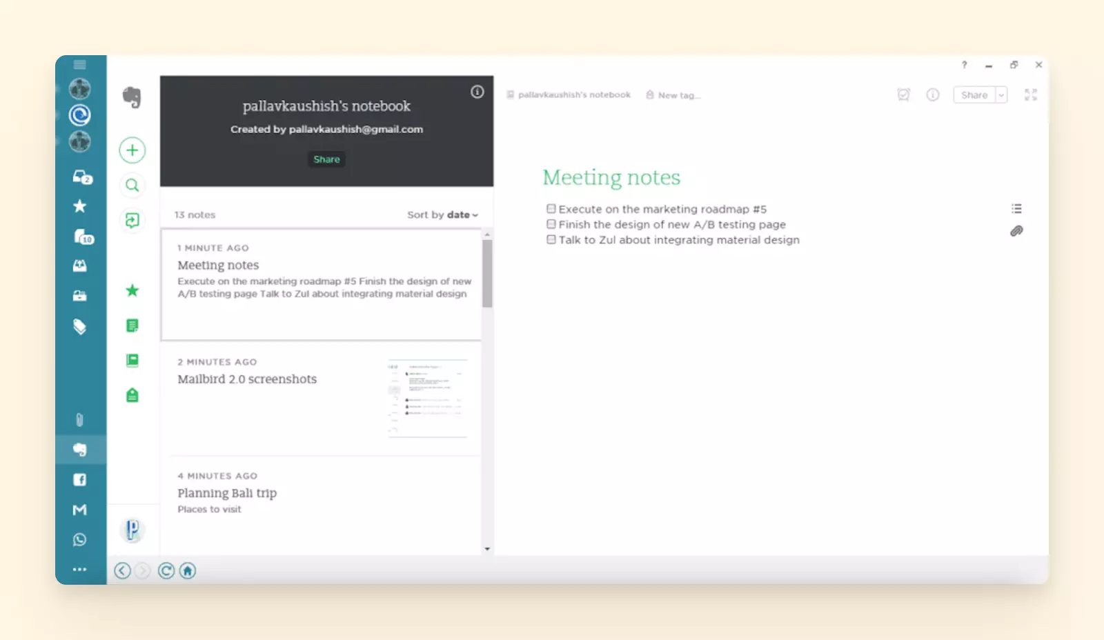 Evernote notepad in Mailbird's interface