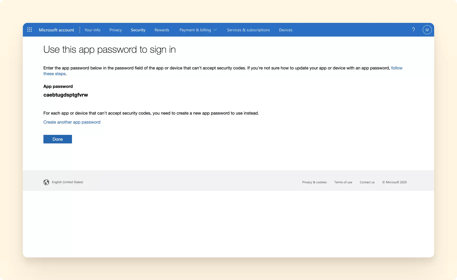 Example of an app password generated by Outlook