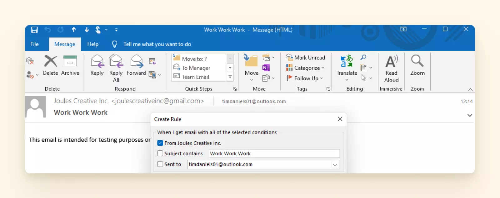 Create Rule window in the desktop Outlook version
