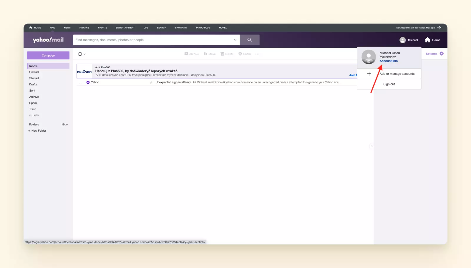 Placement of account tab menu in Yahoo inbox