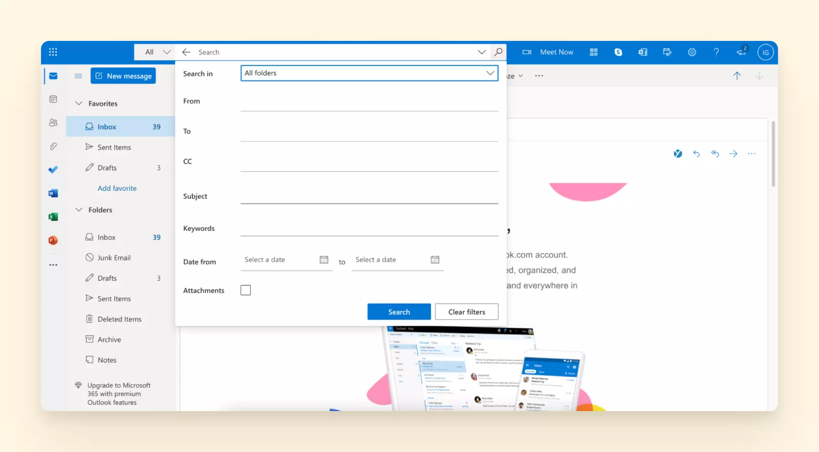 Search and filter options in Outlook webmail