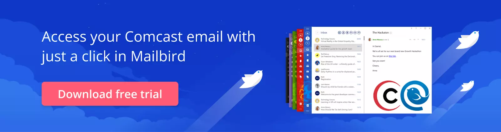 Banner about integrating Comcast email with Mailbird