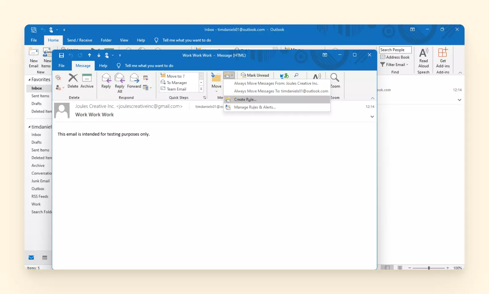 Create rule menu in Outlook desktop