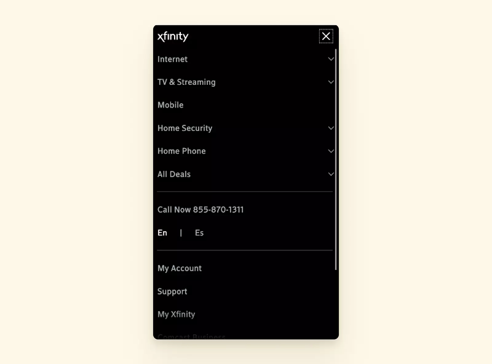 Xfinity settings on mobile