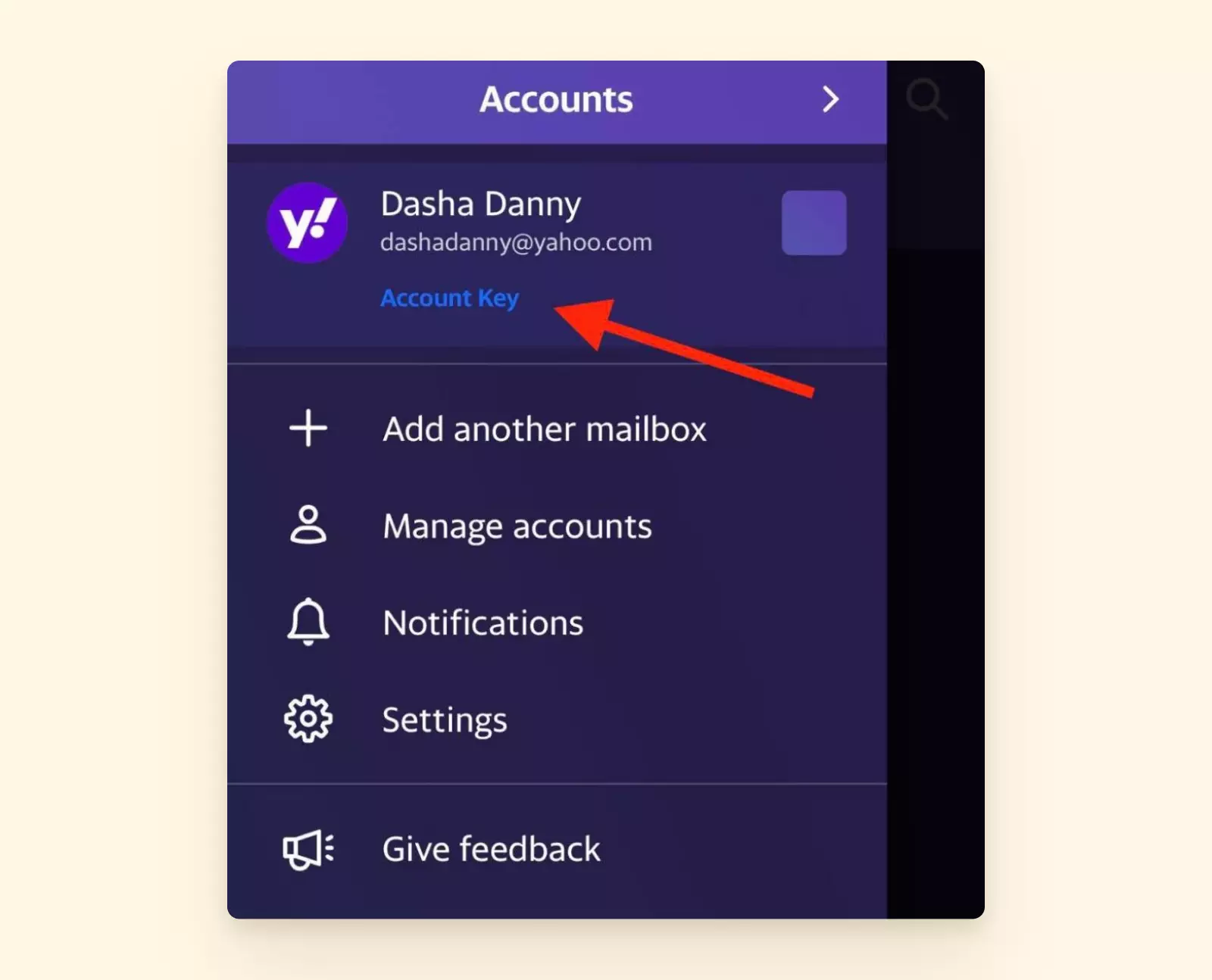 Account Key button in Yahoo mobile app
