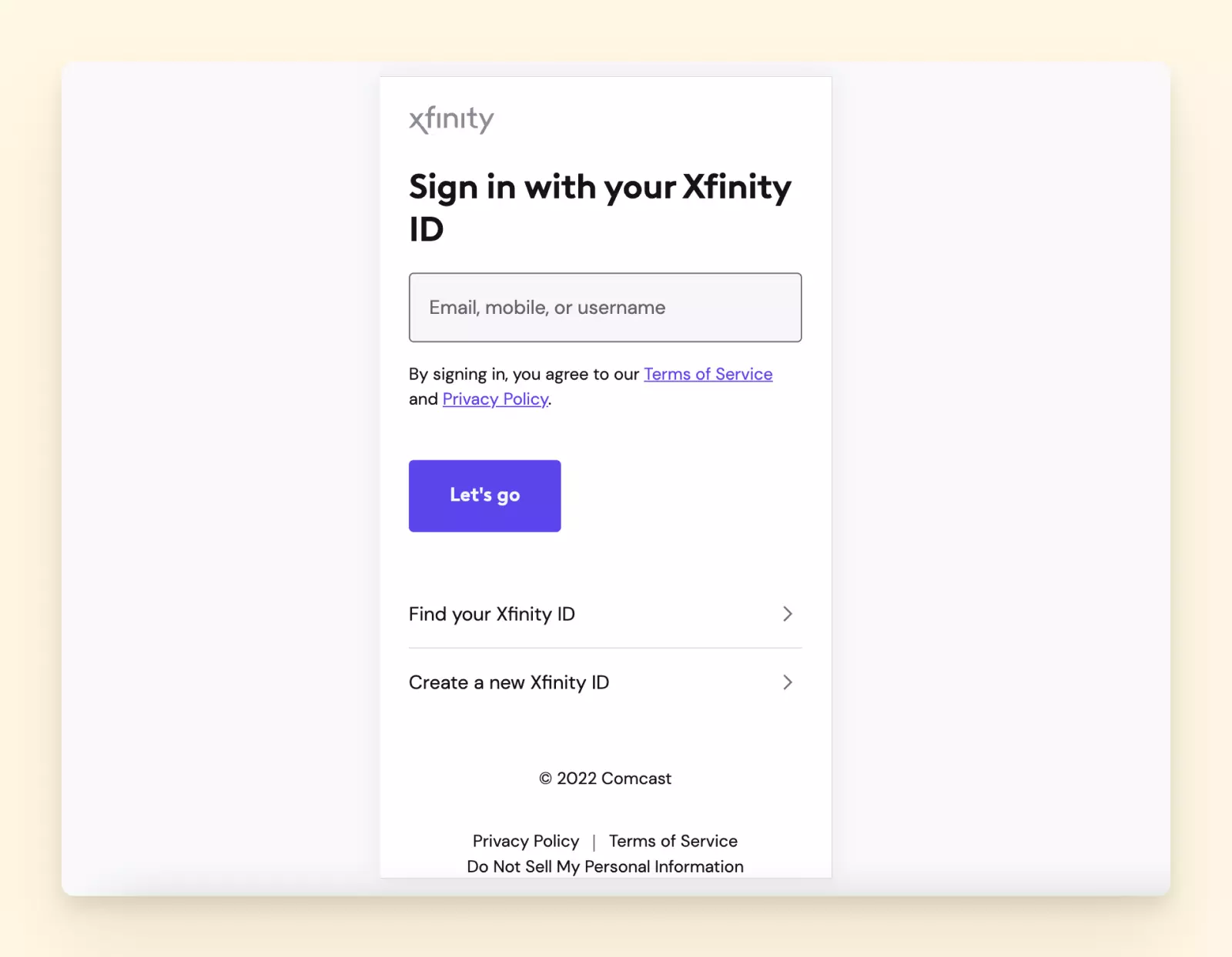 Mobile page for signing into Xfinity Comcast email