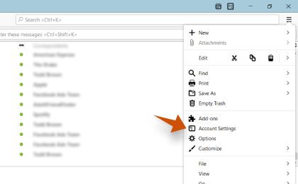 Step 1: To configure Gmail.com on Thunderbird, In Mozilla Thunderbird, from the menu select Account Settings
