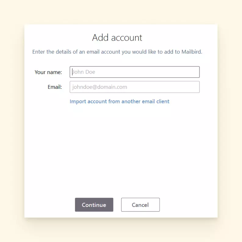 Where to enter your email address on mailbird to add a cox business email account