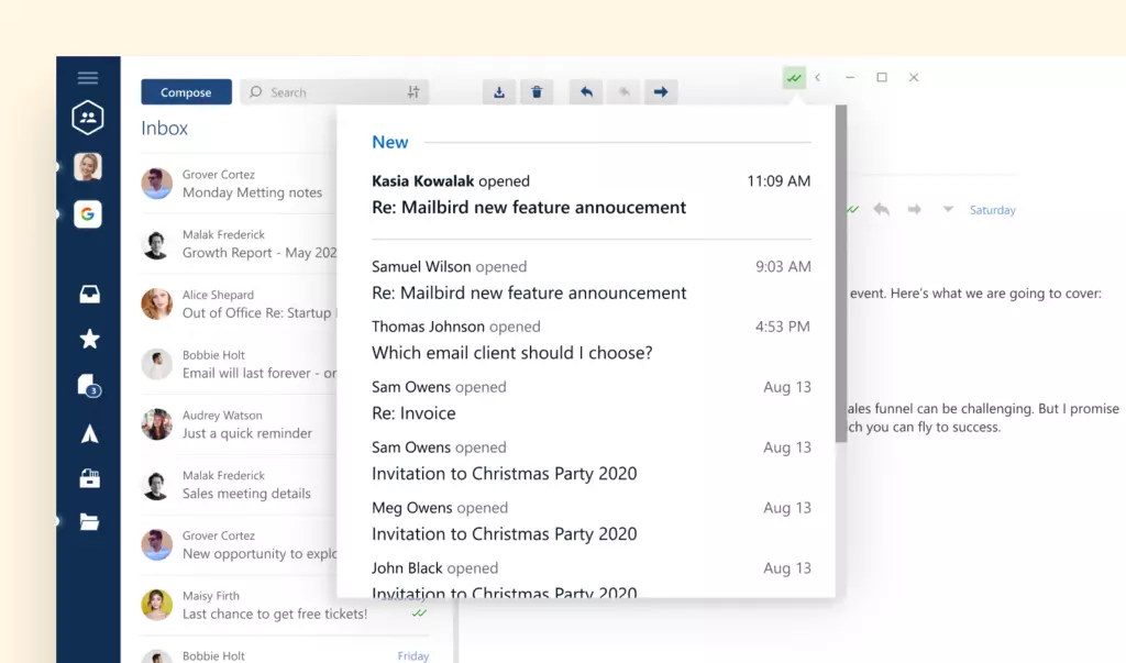 Screenshot of mailbird email tracking feature
