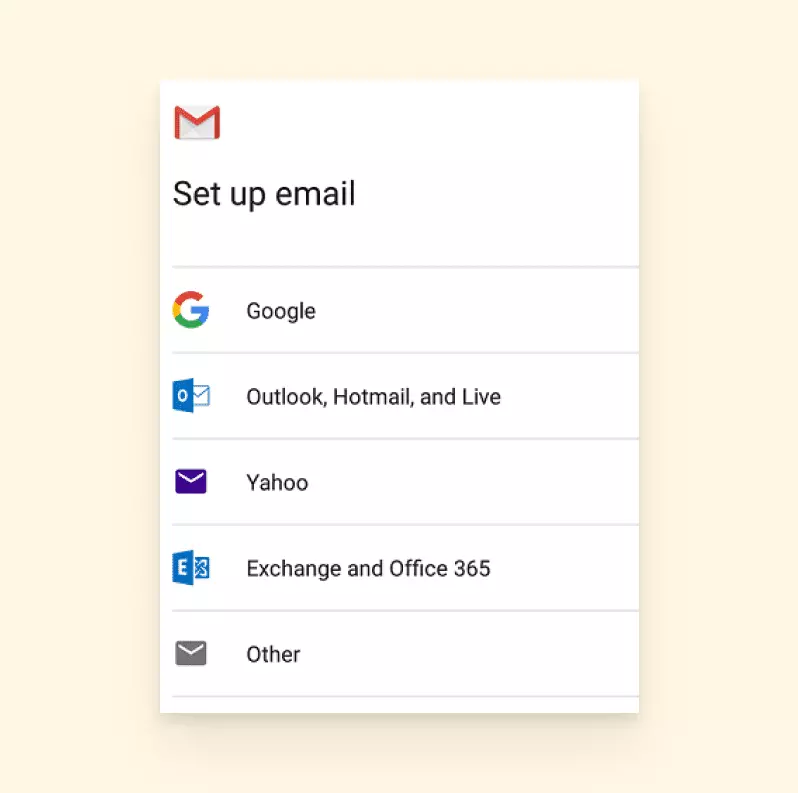 Set up email screen on Android 