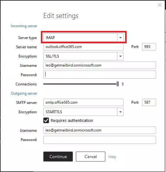 Change your server type to the Exchange server
