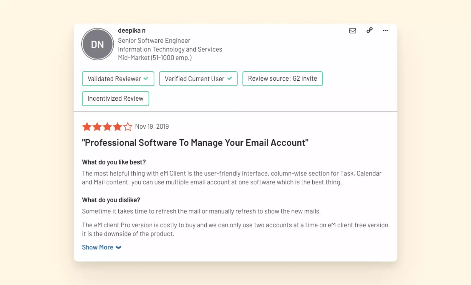 User review about eM email client