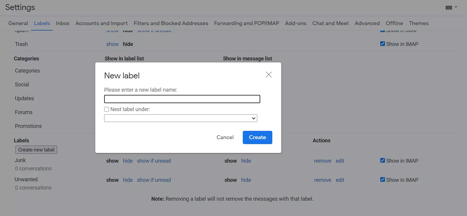 Create folders in Gmail using the Labels tab in Settings