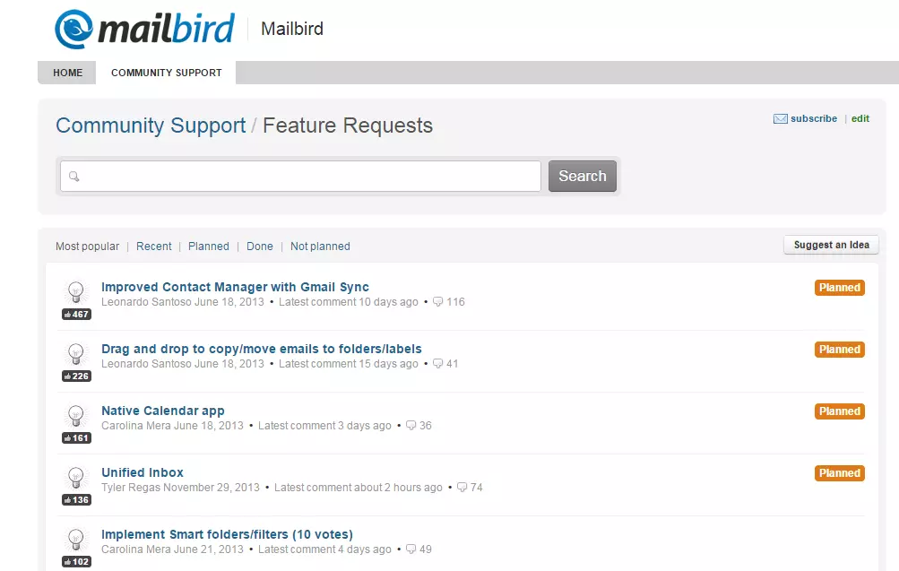 feature request section of Mailbird