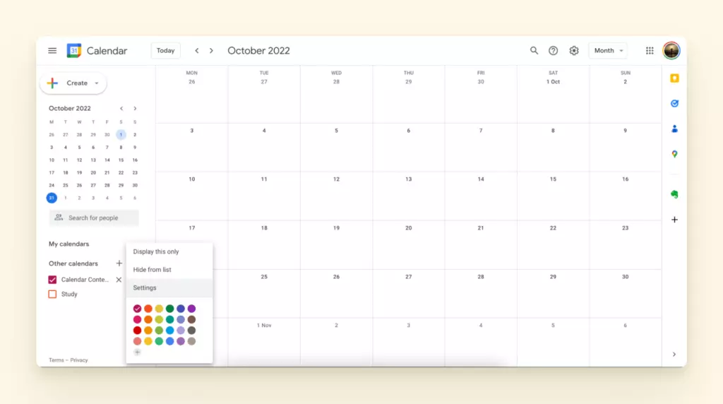 Settings menu button in Google Calendar
