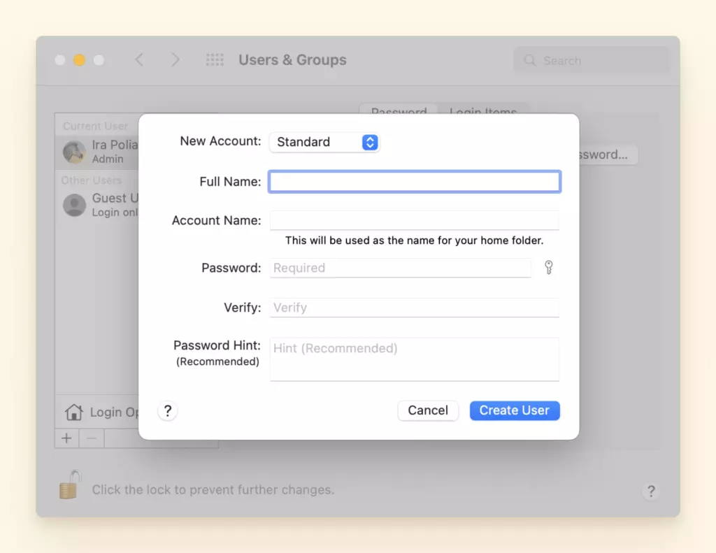 Creating new user account on Mac