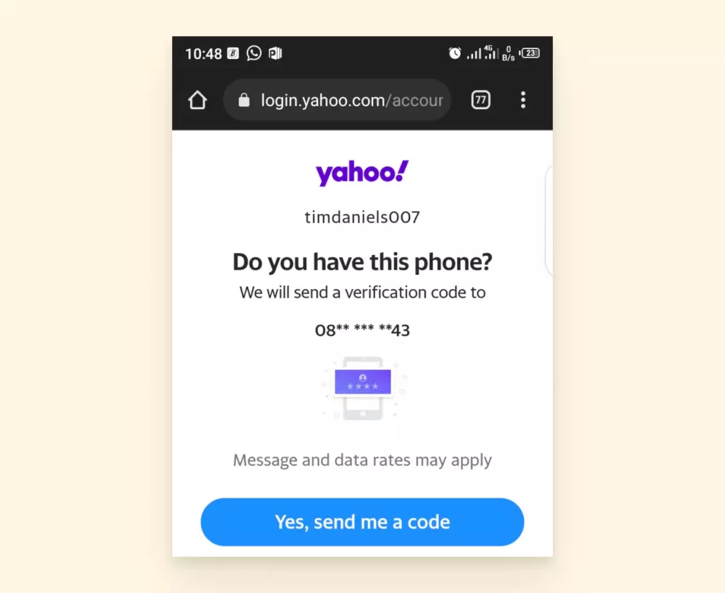 Screenshot of a phone verification code prompt from Yahoo