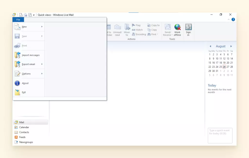 screenshot for exporting windows live mail