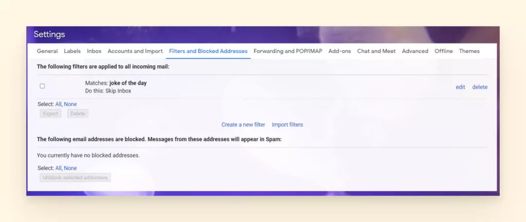Screenshot of filters and blocked address setting in gmail