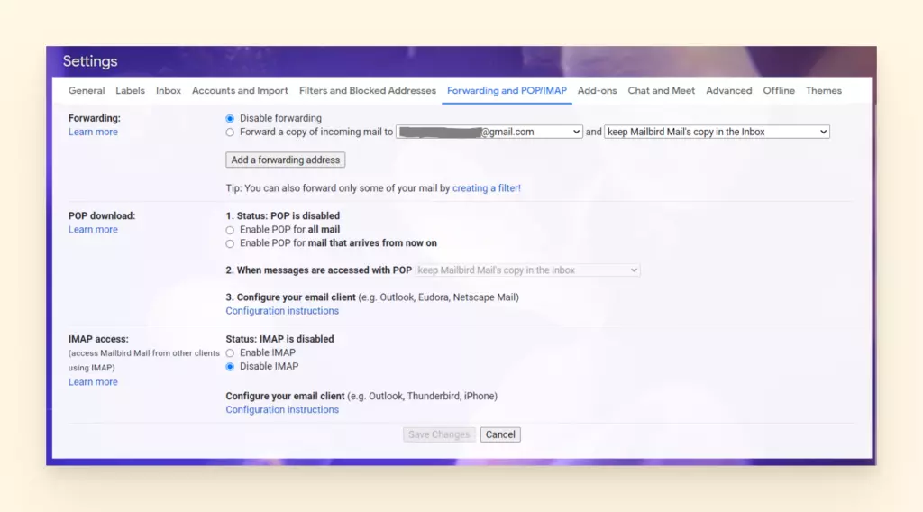 Screenshot showing Email forwarding on Gmail