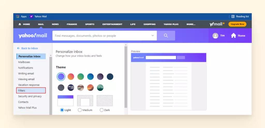 Screenshot showing filters for yahoo 