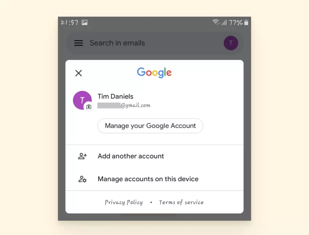 screenshot to add another email account to android