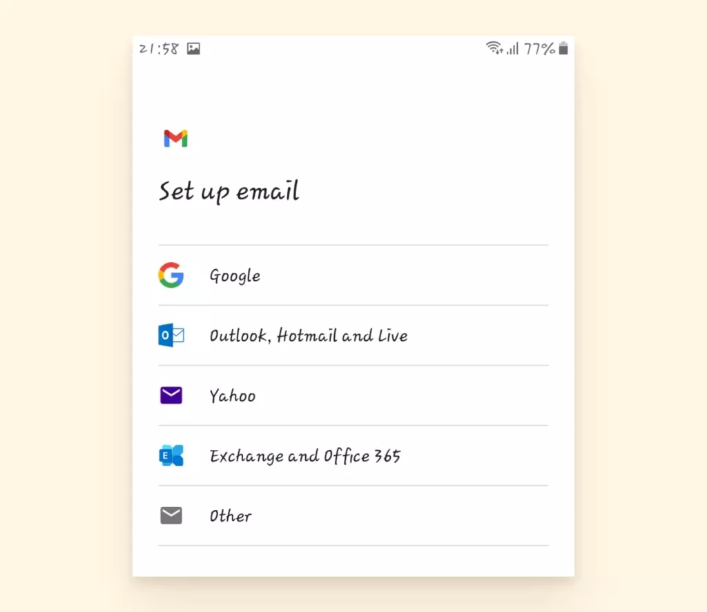 screenshot to show set up email step on android