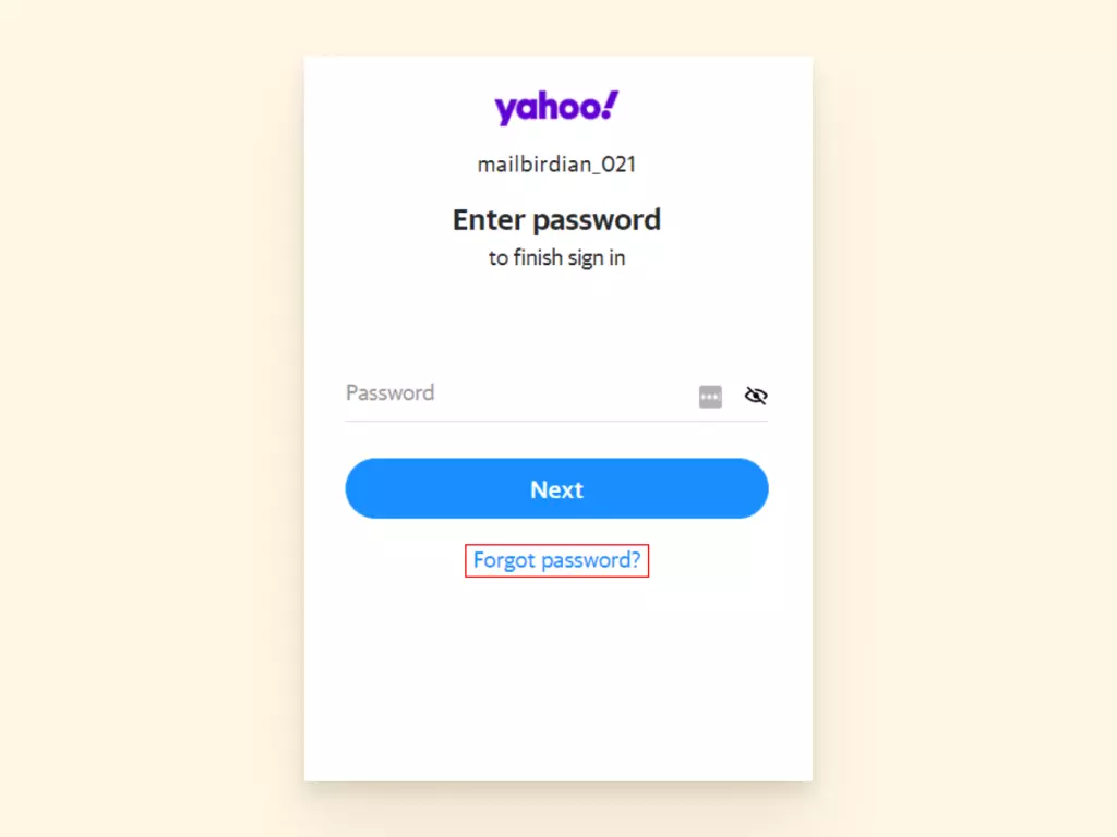 Screenshot of where to find 'forgot password ' for Yahoo email