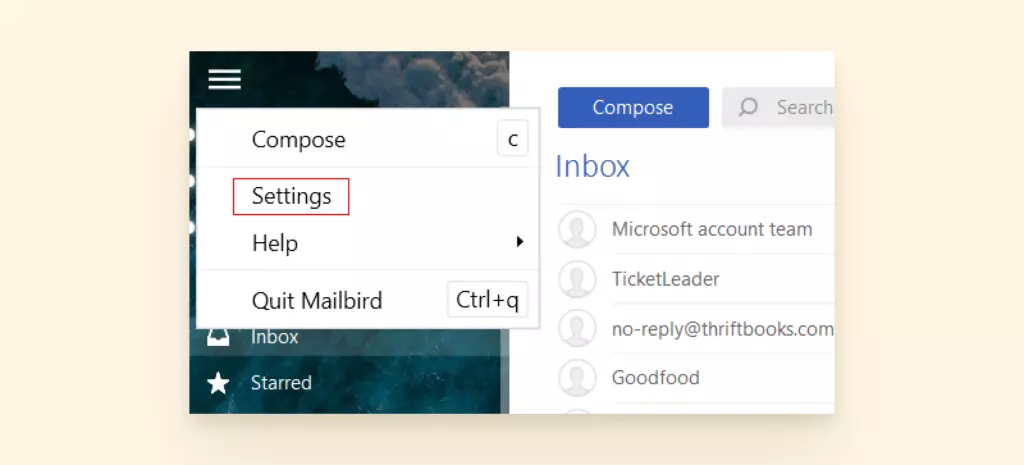 Screenshot of settings page on Mailbird