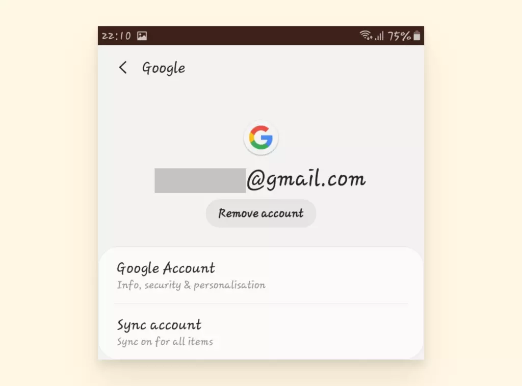 screenshot of removing gmail account from android phone