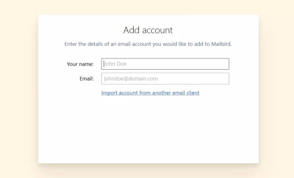 screenshot of Mailbird add account prompt