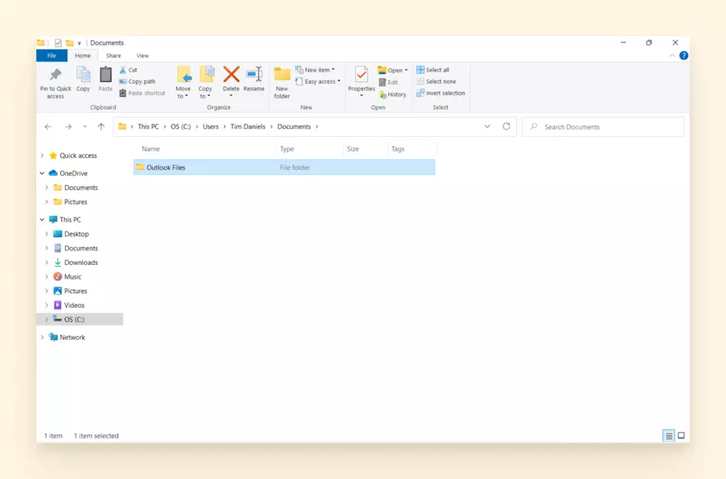 Screenshot of Outlook files in C drive