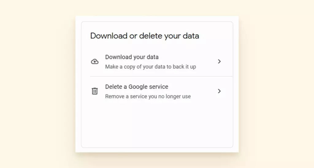 Screenshot of where to find delete a google service and download data