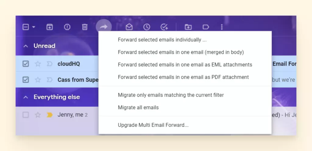 Screenshot of how to forward emails using multi forward chrome extension
