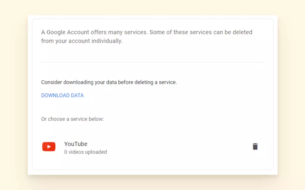 Screenshot of google account download services