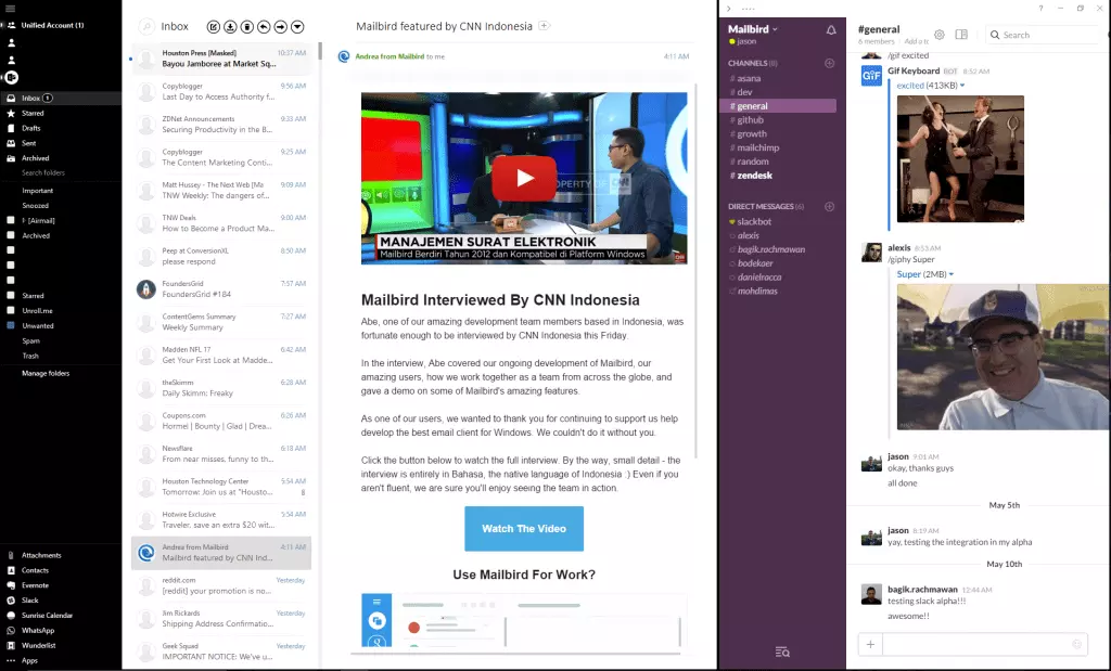 Integrations sidebar in Mailbird with Slack open and running