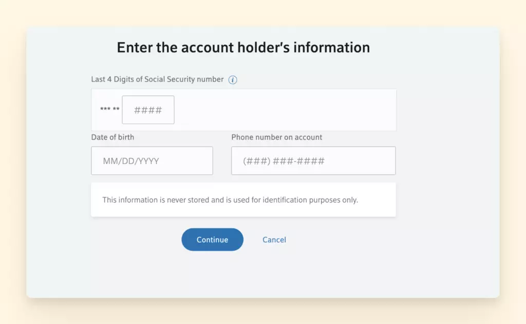 Account holder information window when registering for Xfinity