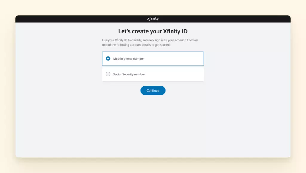 Xfinity ID creation page for Comcast email